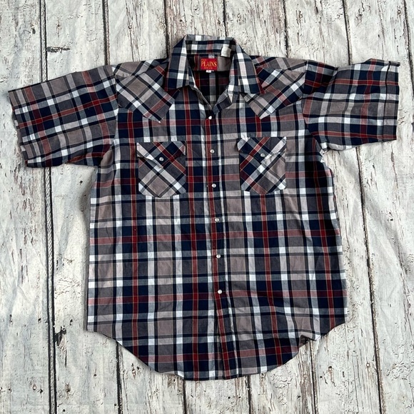 Vintage Ely Plains Plaid Short Sleeve Pearl Snap Rockabilly Button Down Shirt - Picture 1 of 5